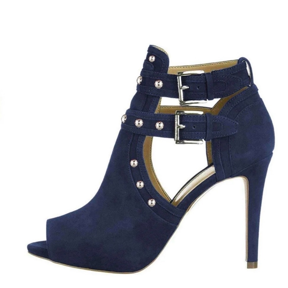 XYD Navy Peep-Toe High Heels with Buckle Detail